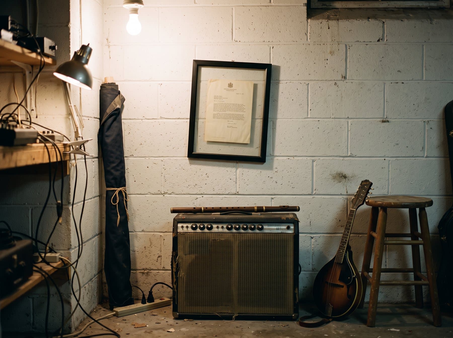 A framed two-paragraph typed letter hanging on a rehearsal-room wall above a guitar amplifier