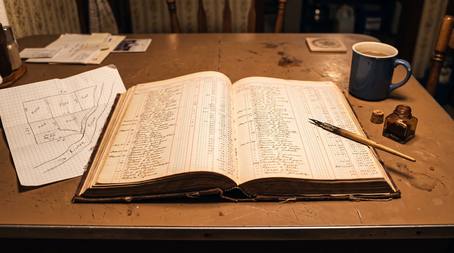 A heavy bound ledger open on a kitchen table, columns filled in by hand in brown ink