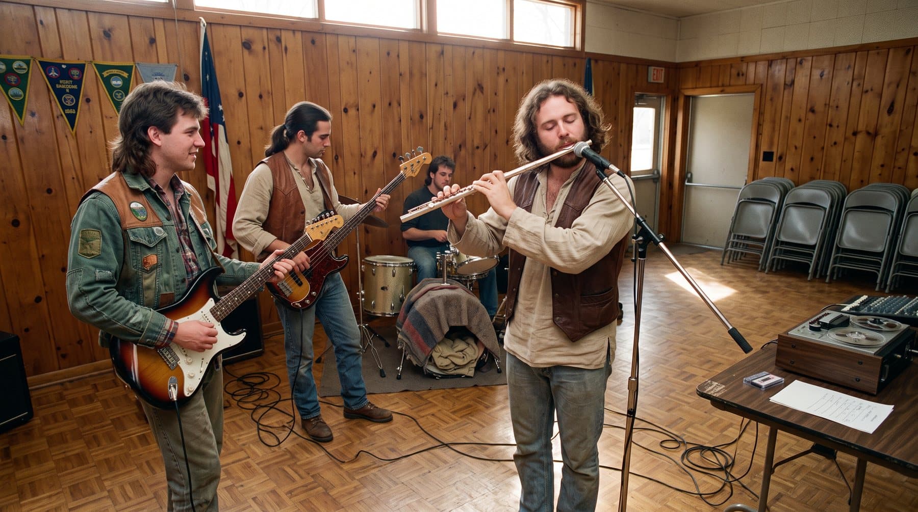 Four musicians in period costume recording in a wood-panelled scout hall, 1988, cables across the floor
